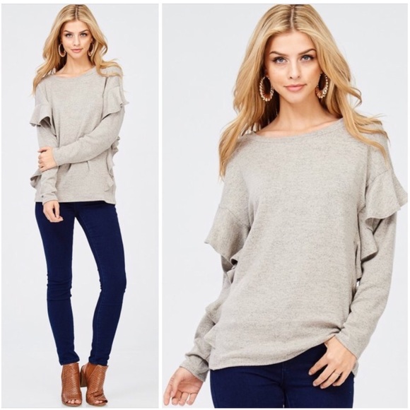 Sweaters - Taupe Long Sleeve Hacci Ruffle Soft Sweater